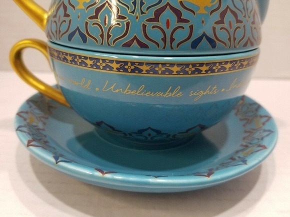 Disney Aladdin The Musical Teapot Cup Saucer Magic Lamp 3 pc set blue RARE - Picture 5 of 9